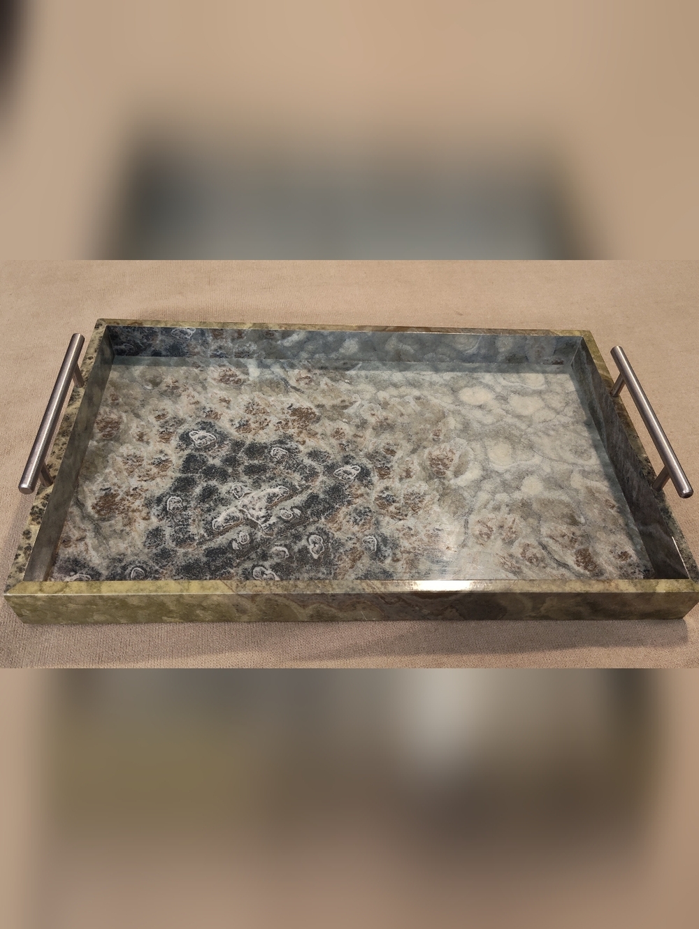 Vintage 1990's! Handled Marble-Effect Decorative Tray in Gray and Brown Tones